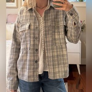 Tweed Plaid Shacket in Cream and Gray with Tan Trim